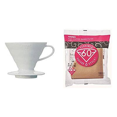 Hario Ceramic Coffee Dripper, Size 02, White & V60 Paper Coffee Filters, Size 02, Natural, Tabbed