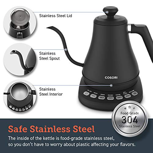 COSORI CO108-NK Electric Gooseneck 0.8L 5 Variable Presets Pour Over Kettle & Coffee Kettle, 100% Stainless Steel Inner Lid & Bottom, Matte Black